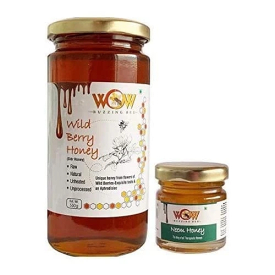 WOW BUZZING BEE Raw Honey - Wild Berry & Neem, Pack of 2 (1 - 550 GR and 1 - 55 GR)