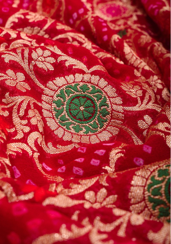 Red Authentic Hand Meenakari Bandhej Banarasi Silk Georgette Saree with Floral Zari Border and Pallu  | SILK MARKED CERTIFIED