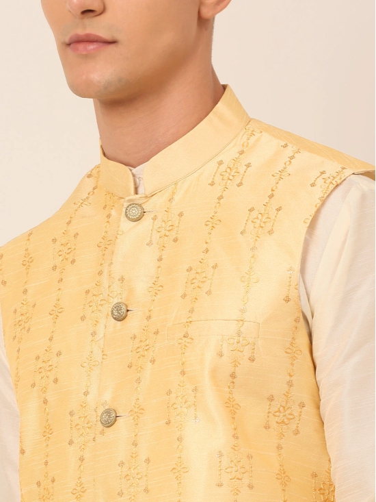 Men Golden Embroidered Woven Nehru Jackets-XXL / Golden