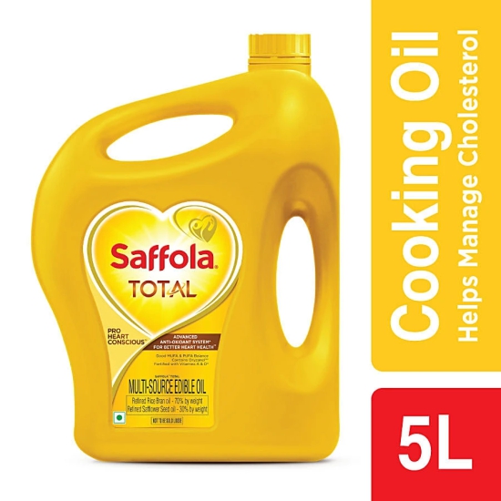 Saffola Total Refined Cooking Oil, Blended Rice Bran & Safflower Oil, Helps Manage Cholesterol, 5 L Jar