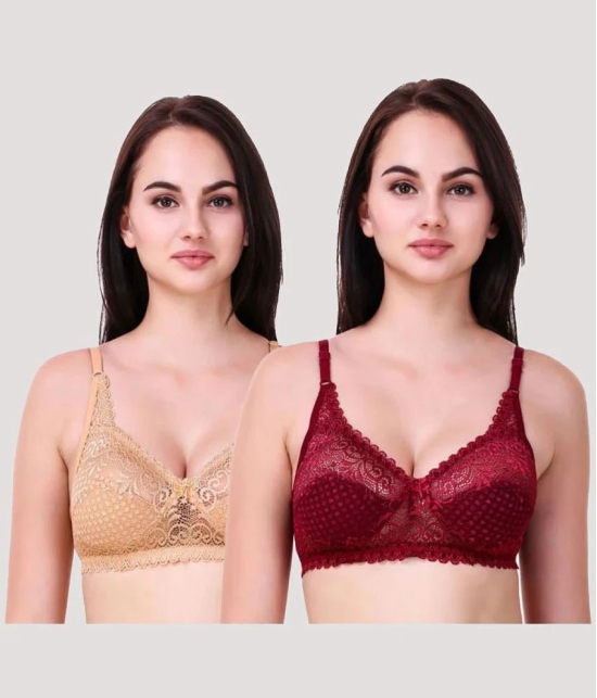 Kiran Enterprises Pack of 2 Net Non Padded Womens Bralette Bra ( Beige,Maroon ) - None