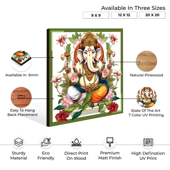 Ganesh Ji With Lotus Colorful Wood Print Wall Art-48 X 48 Inches / Birchwood Thickness: 6mm