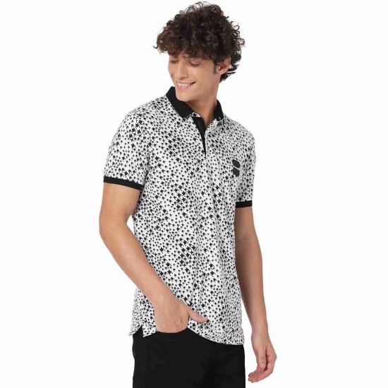 White & Black Houndstooth Print Polo