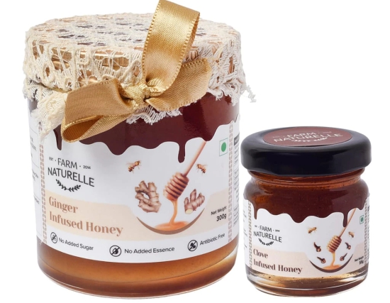 Farm Naturelle-Real Ginger Infused Forest Honey (300 GMS) and Vana Tulsi Forest Honey (55 GMS) Combo-Immense Medicinal Value