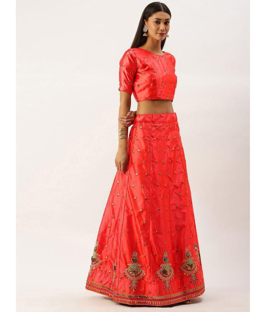 Om Shantam Sarees Red,Green Silk Blends Chaniya Choli Semi Stitched Lehenga Single - Free Size