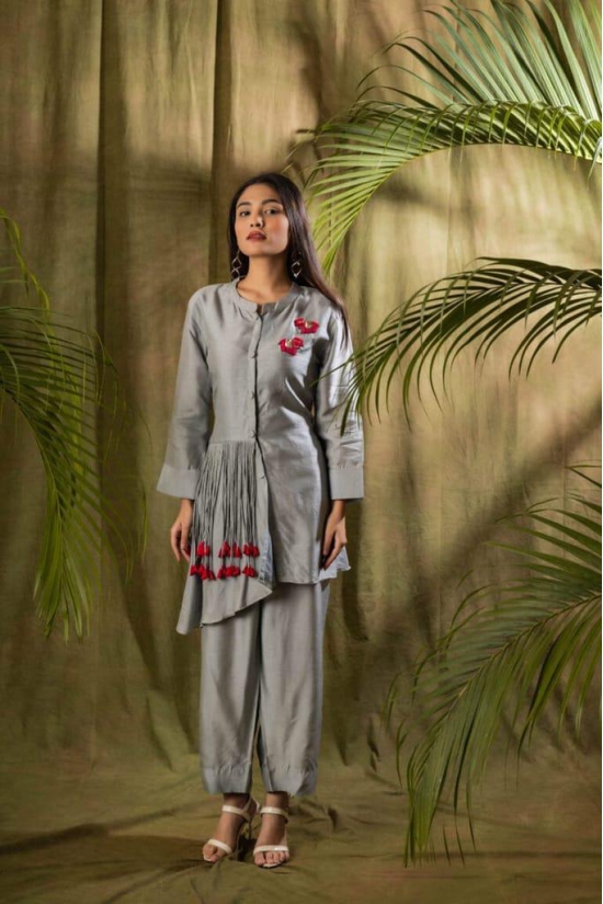 Indo Western Women’s Cotton Embroidered A-Line Kurta with Trousers Set