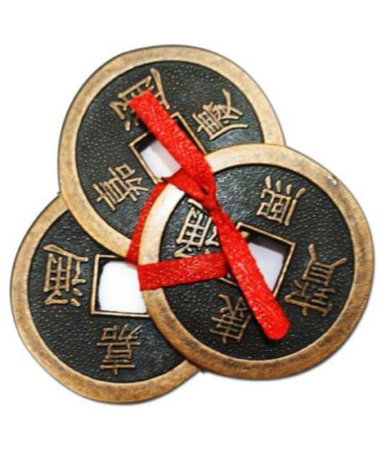 PAYSTORE Combo Of Feng Shui Three Lucky Chinese 2 Coins with Red Ribbon Decorative Showpiece - 5.5 cm