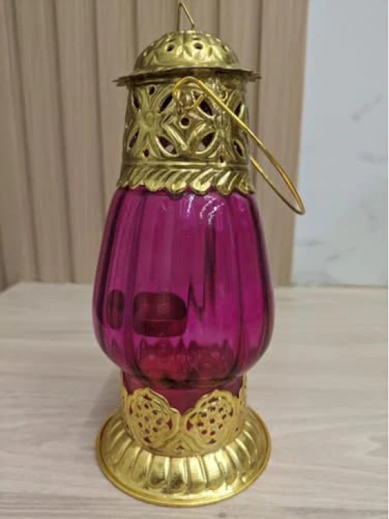 Aarna Creations Lalten Style Tea Light Holder | Hang or Stand Tea Light Holder| Golden Beautiful Hanging lalten | Antique lalten | Metal & Glass Tea Light Stand (Pink)