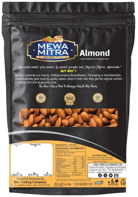 Mewa Mitra Premium California Jumbo Almonds Natural Raw Badam Rich in Fiber and Protein Nutritious and Delicious Crunchy Badam Giri - (250 Gram Pack of 4)