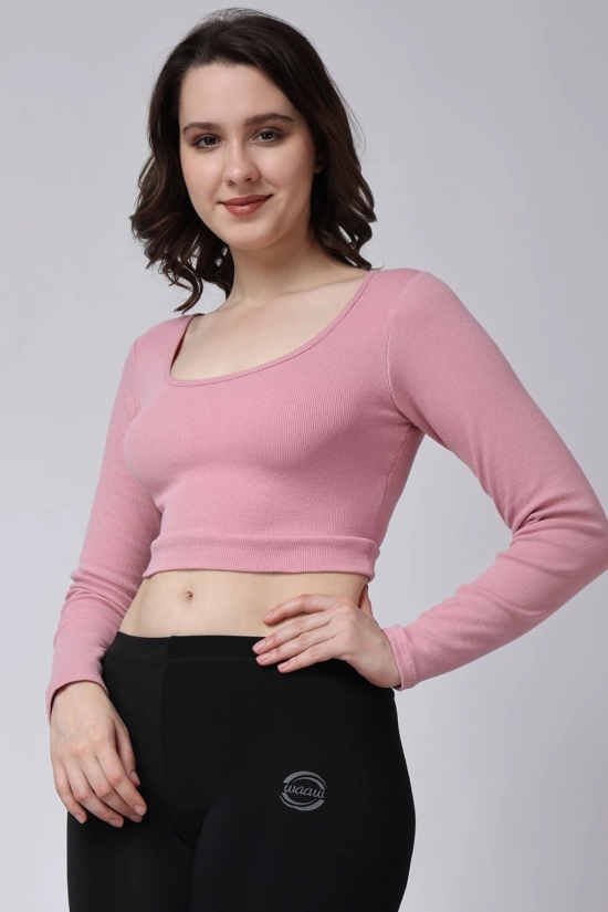 Womens Pink Ribbed Crop Gym Top-S / Pink