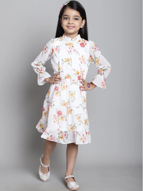 MINI & MING Girls Floral Printed Bell Sleeve Georgette Fit & Flare Dress