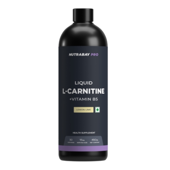 Nutrabay Pro Liquid L-Carnitine With Vitamin B5 - 1500 mg L-CARNITINE, Sugar Free, Helps Convert Fat into Energy, Performance & Recovery, Pre & Post Workout Supplement for Men & Women - 450 ml Lemon Lime, 30 Servings