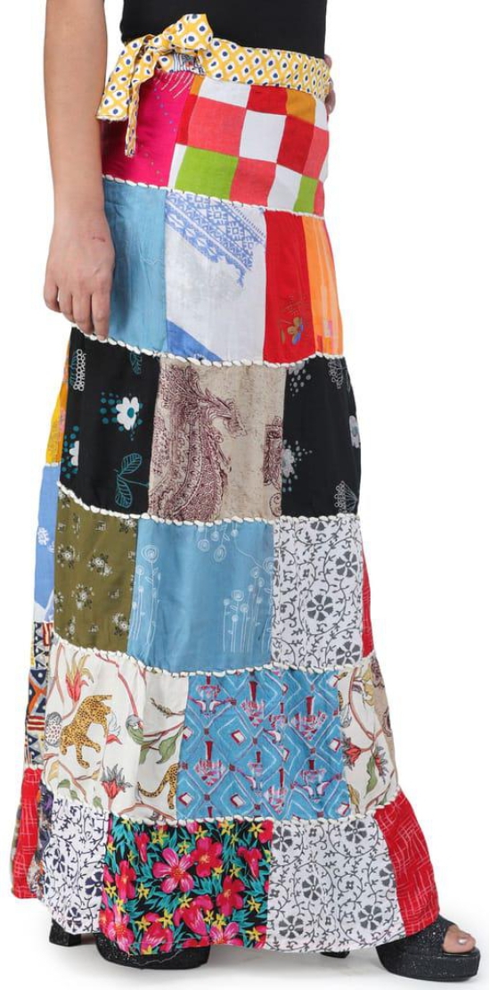 Solitary-Star Printed Long Boho Wrap-On Long Skirt from Gujarat with Patch Work