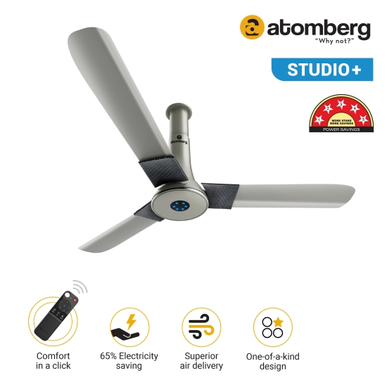 Atomberg Studio+ 1200 mm BLDC Motor 3 Blade Ceiling Fan with Remote Control and Dust Resistant Coating (Sand Grey, Pack of 1)