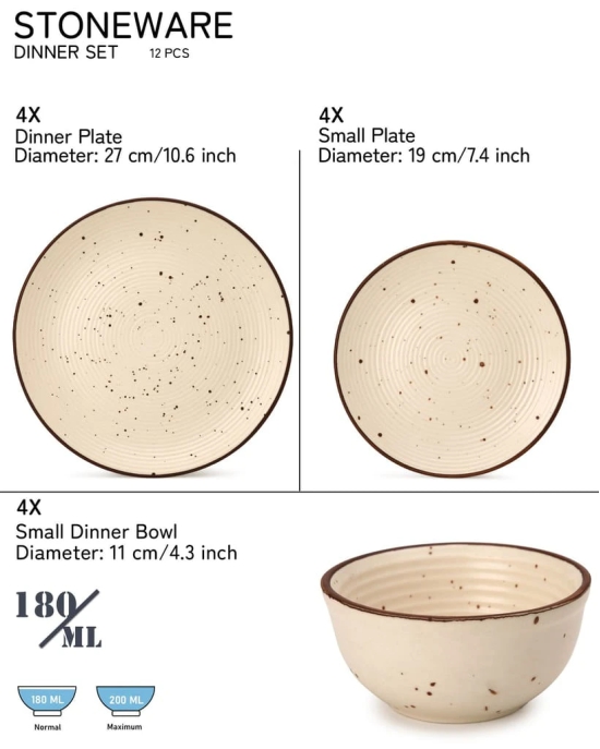 Handcrafted Stoneware Reactive Glaze Ceramic Dinner Set, 12 Pieces Serving for 4, Microwave and Dishwasher Safe, Bone-ash Free, Crockery Set for Dining and Gifting, Beige