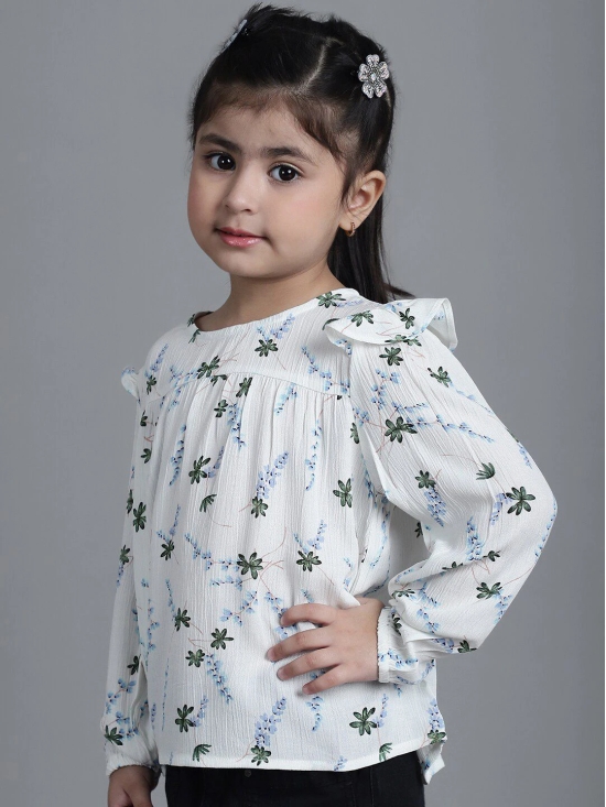 MINI & MING Girls Floral Printed Round Neck Puff Sleeves Pleated Blouson Top