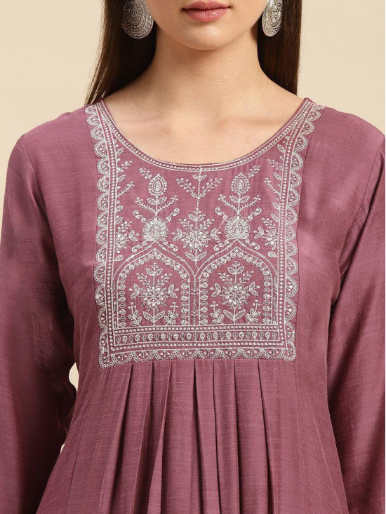 Rangita Women Viscose Blend Mauve Yoke Embroidered Calf Length Partywear A-Line Kurti - None