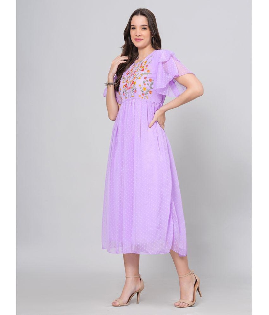 HIGHLIGHT FASHION EXPORT Crepe Embroidered Midi Womens Fit & Flare Dress - Purple ( Pack of 1 ) - None