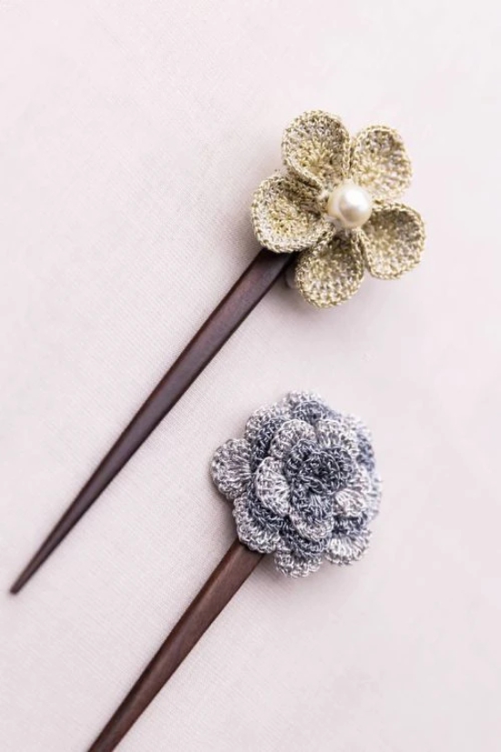 Metallic Thread Flowers Hair Stick (Pair)