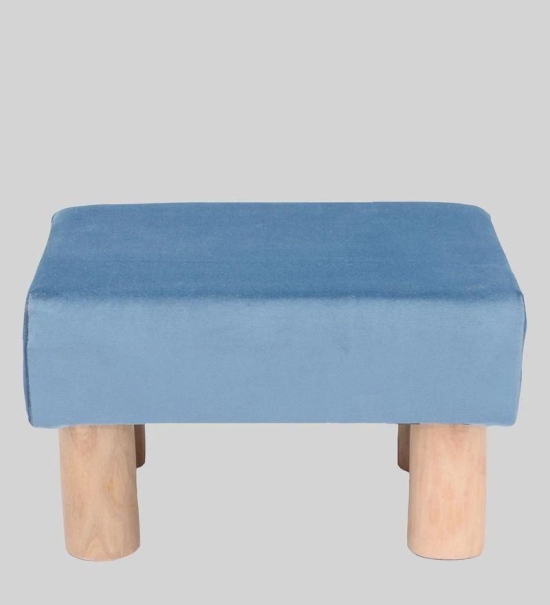 Solid Wood Foot Stool In Velvet Blue Colour-Blue