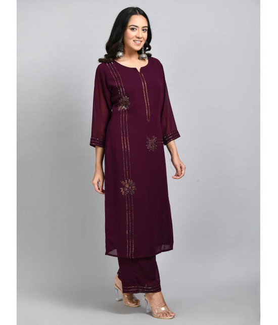 Desinoor - Wine Straight Georgette Women''s Stitched Salwar Suit ( Pack of 1 ) - None