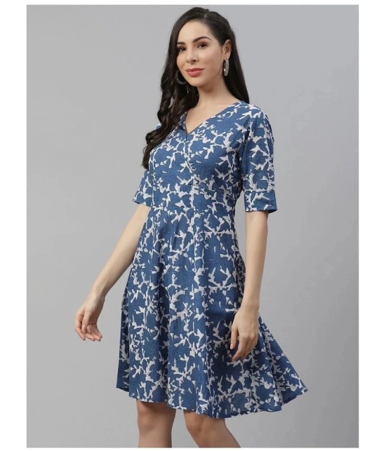 Divena Cotton Blue Fit And Flare Dress - - XL