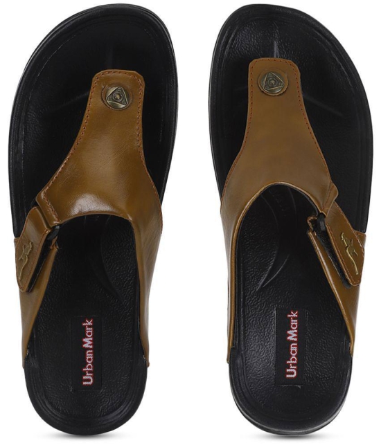 UrbanMark Men Two-Tone Upper With Side Velcro Strap Thong Flip-Flop - Brown - None