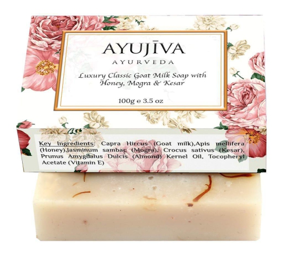 AYUJIVA AYURVEDA Goat Milk Soap With Honey,Mogra, Kesar(Jasmine) Kesar soap-100 g