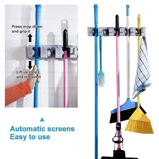Mop,Wiper & Broom Holder, 5 Slot Position with 6 Hooks Storage Holder Wall Mounted, Plastic, Multicolour