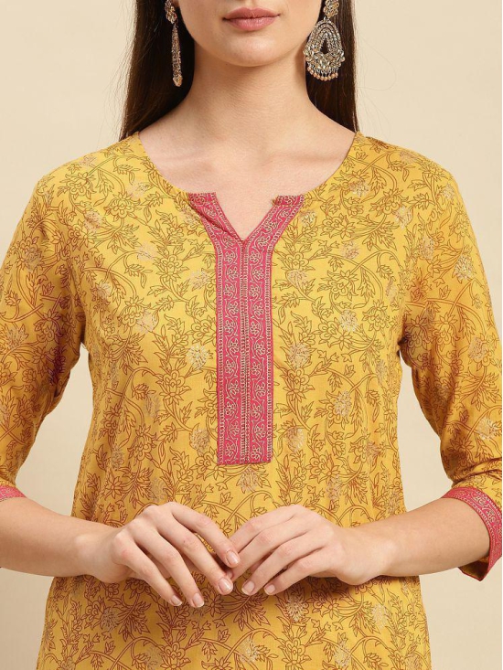 Rangita Women 100% Cotton Yellow Contrast Placket Floral Printed Knee Length Straight Kurti - None