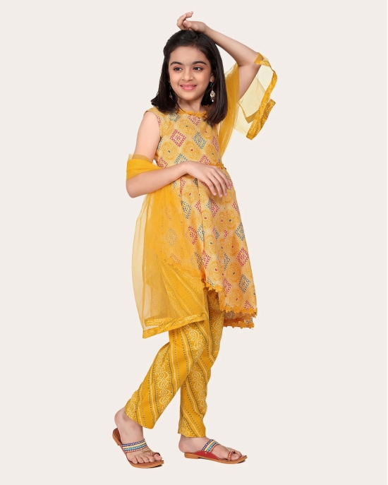 Designer Cotton Print Work Kid Top Bottom With Dupatta Yellow-Yellow / 5 - 6 Years