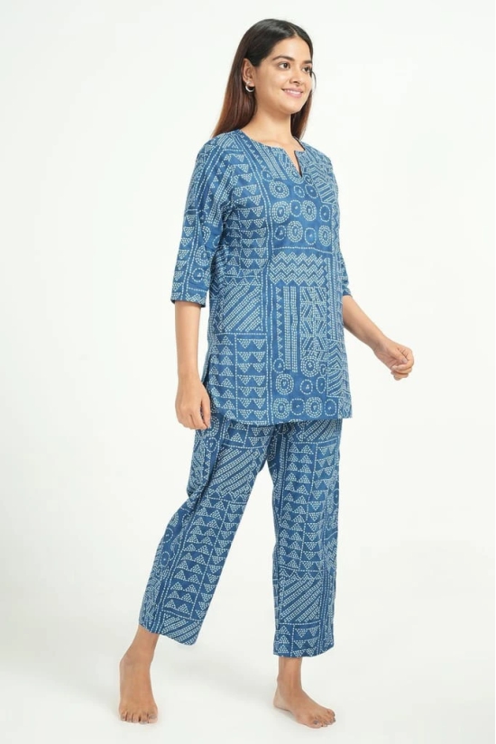 Women's Blue Jaipuri Print Cotton Kurta and Pant Loungewear Set