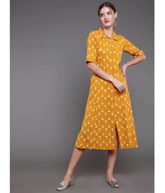 Antaran Cotton Printed Midi Womens Shirt Dress - Yellow ( Pack of 1 ) - None