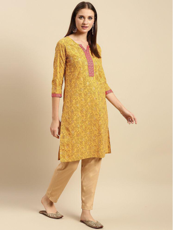 Rangita Women 100% Cotton Yellow Contrast Placket Floral Printed Knee Length Straight Kurti - None