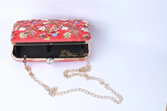 Red With Multi Color Beaded /Sequins Work Hand Embroidered Clutch Cum Sling Bag