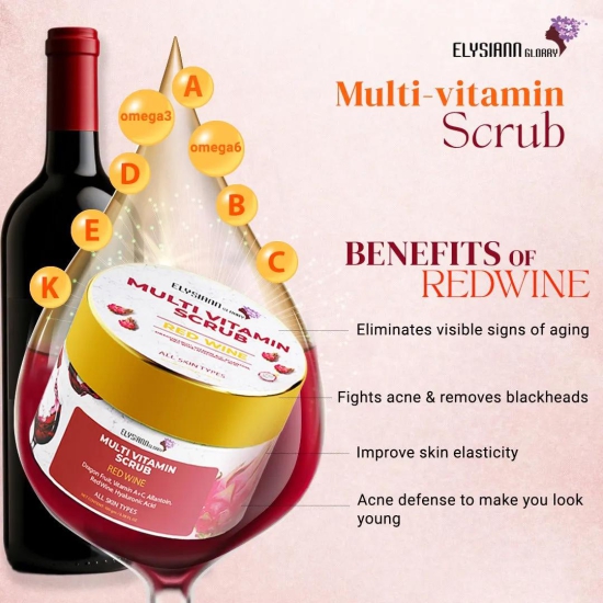 Multi Vitamin Scrub Dragon Fruit, Allantoin, Red Wine, Hyaluronic Acid, Enriched with Vitamin A+C.