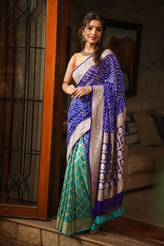 Blue and Turquoise blue Half and Half Exquisite Bandhni Saree with Jaal zari and Sarkam Bandhej | SILK MARK CERTIFIED