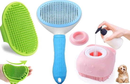 Chullbull Oval Slicker Bath and Rubber Hand Brush Grooming Kit for Dogs-Pack of 3