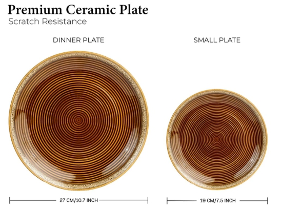 Reactive Handcrafted Premium Ceramic Dinner Set | 6 Dinner Plates, 6 Quarter Plates, and 6 Small Dinner Bowl | Stoneware | Microwave and Dishwasher Safe | Pack of 18 | Peanut Brown