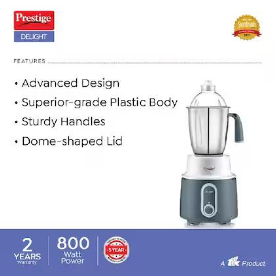 Prestige Delight 750 W Mixer Grinder, 3 Stainless Steel Jars (1500 ml, 1000 ml, 300 ml) (Charcoal Grey)