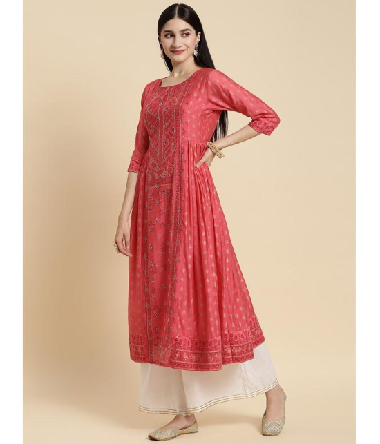 Rangita Women Chanderi Coral Sequin Yoke Embroidered Calf Length Kurti Gathered At Side - None