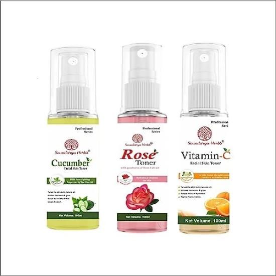 Soundarya Herbs Cucumber & Vitamin C And Rose Water Skin Toner I Face Toner I Makeup Remover (For Daily Use)|100% Natural Set Of 3