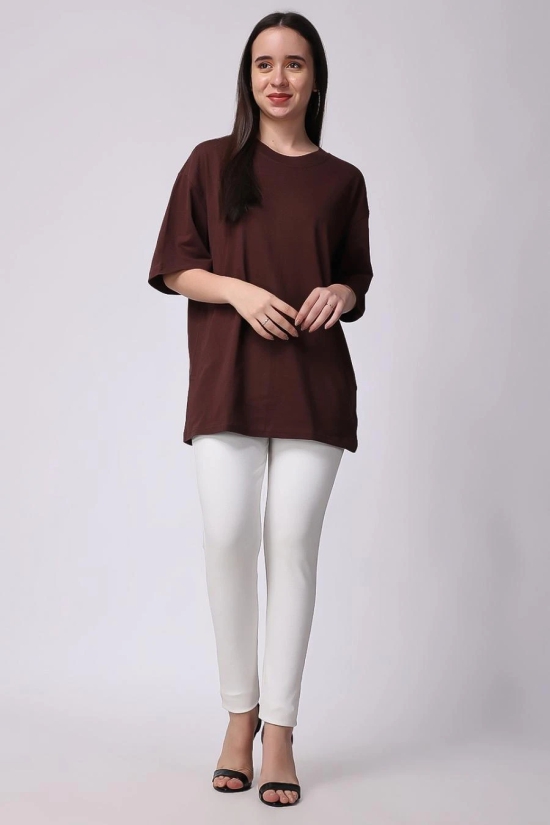 Womens Brown Plain Oversized Drop Shoulder T-Shirt-L / Brown