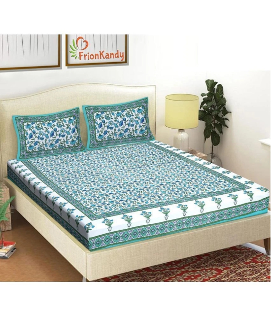 FrionKandy Living Cotton Abstract Double Bedsheet with 2 Pillow Covers - Turquoise - Turquoise