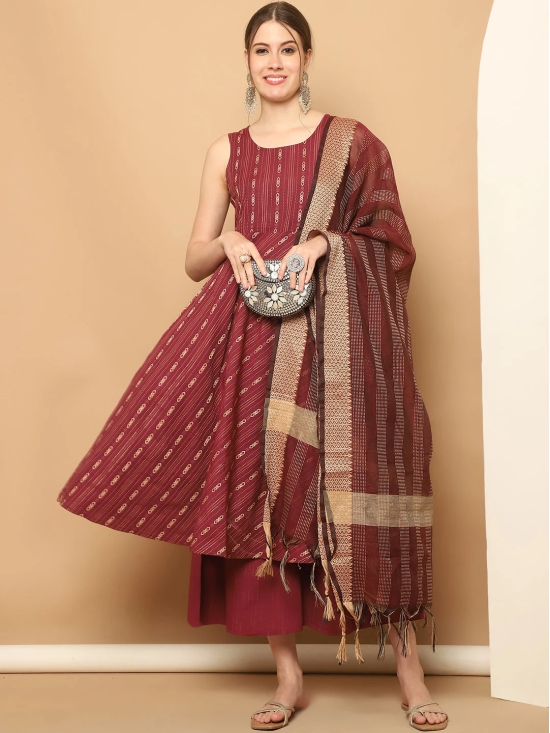 Maroon Woven Design Kantha Work Kurta with Palazzos & With Dupatta-L / Red