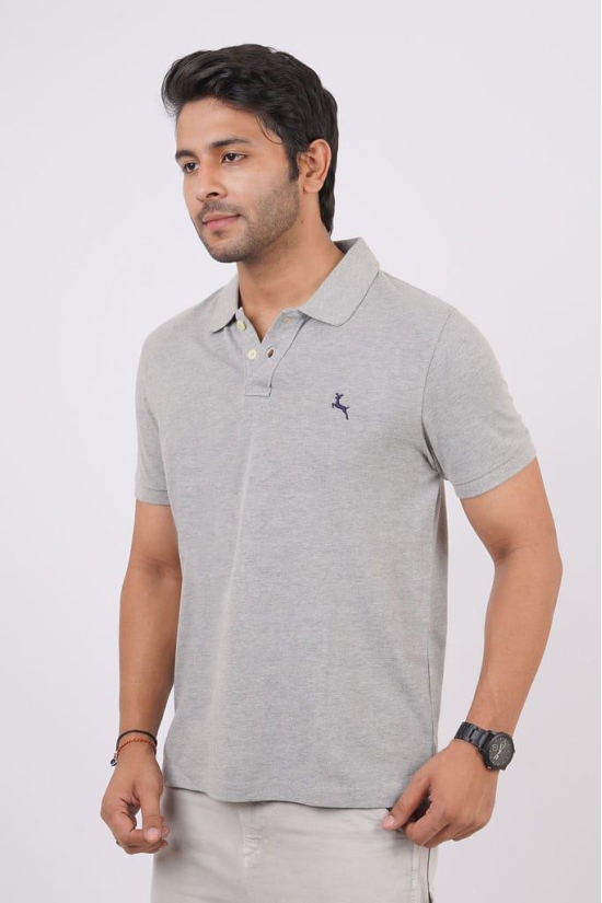 Men's Grey Melange Embroidery Polo T-Shirt