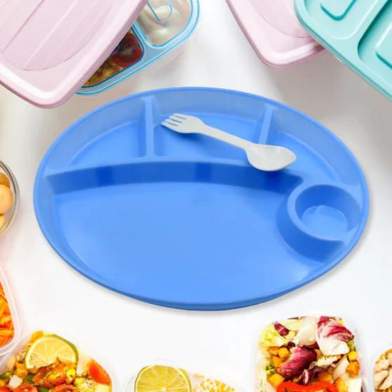 PLASTIC FOOD PLATES / BIODEGRADABLE 5 COMPARTMENT PLATE WITH SPOON FOR FOOD SNACKS / NUTS / DESSERTS PLATES FOR KIDS, REUSABLE PLATES FOR OUTDOOR, CAMPING, BPA-FREE (1 PC)