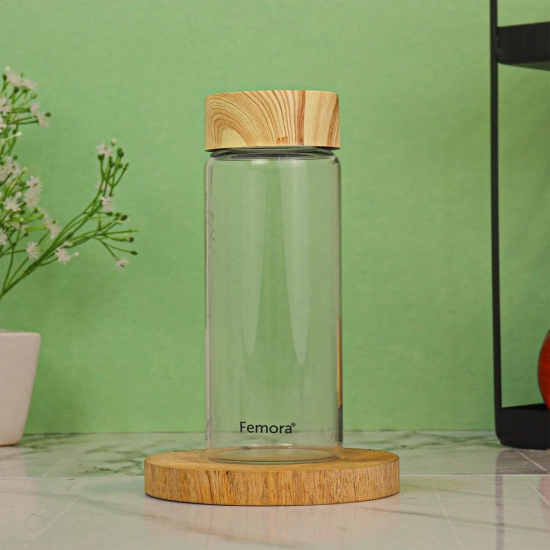 Femora Borosilicate Glass Water Bottle Durability and Elegance Combined, 750ML(1 Pc Set) (Wooden Lid)