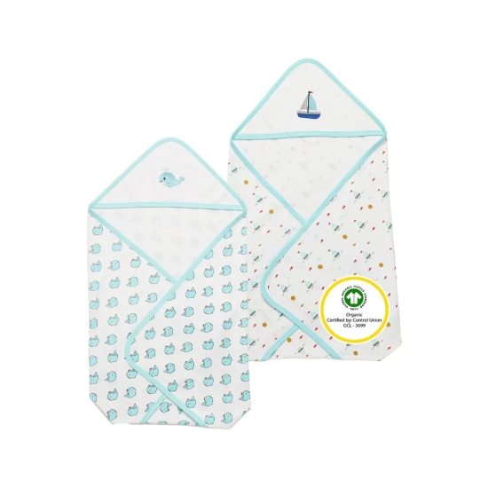 Hooded Cotton Baby Blanket | Set of 2 Whale and Ship