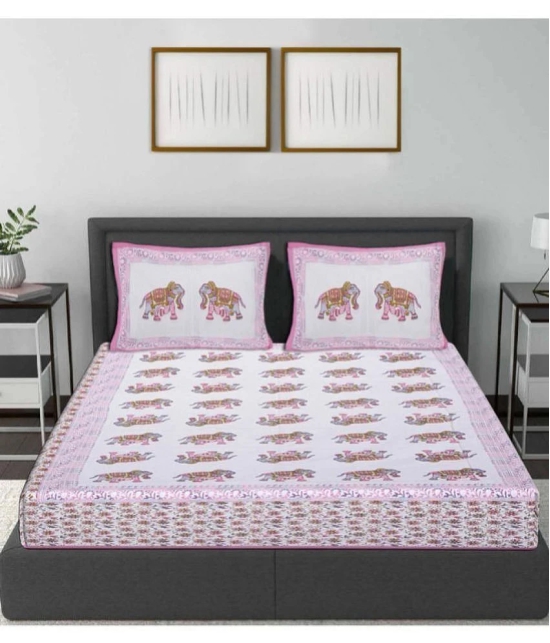 Frionkandy Cotton Floral Printed Double Bedsheet with 2 Pillow Covers - Pink - Pink